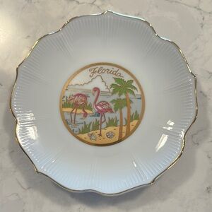 Vintage 6.25” MCM Gilded Chokin Florida Flamingo Souvenir Plate, Made in Japan